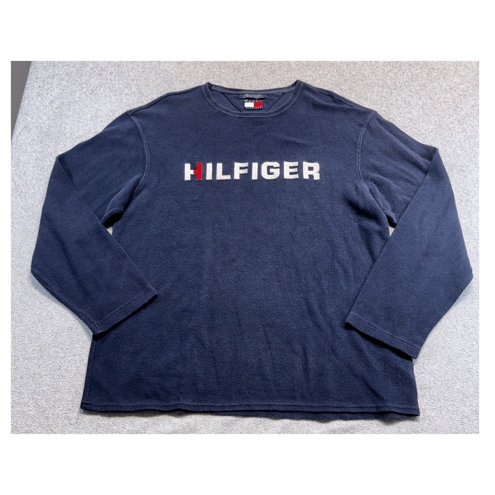 Vintage Tommy Hilfiger Waffle Knit Shirt Mens XL Navy Blue Spellout Logo 90s
